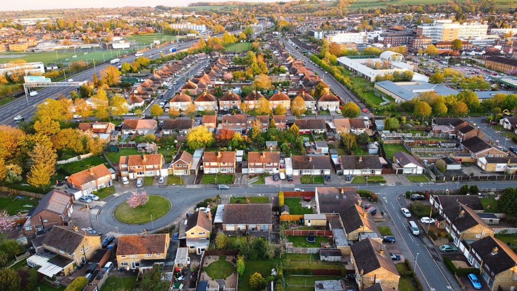 An aerial view image of a Mount Prospect suburban neighborhood