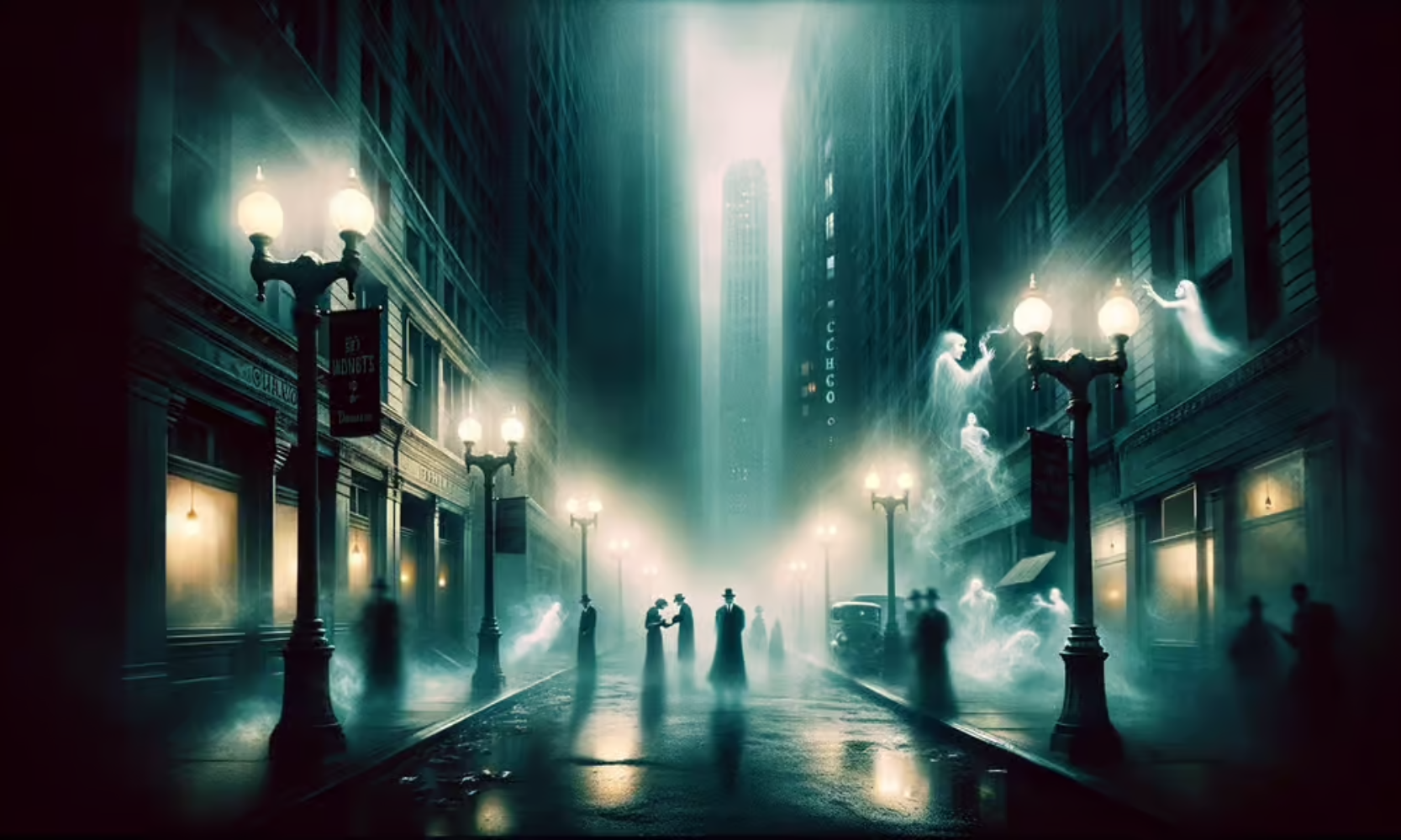 Generated image of a spooky ghosts and people walking around Chicago