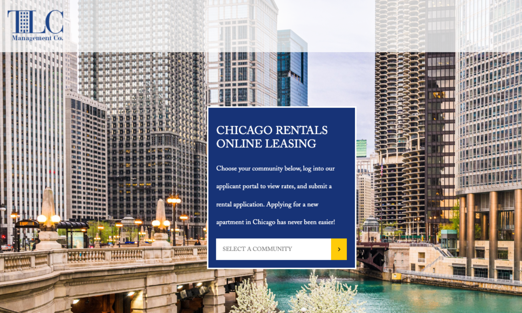 A screenshot of the Chicago Rental's website application page with a background image of the Chicago River