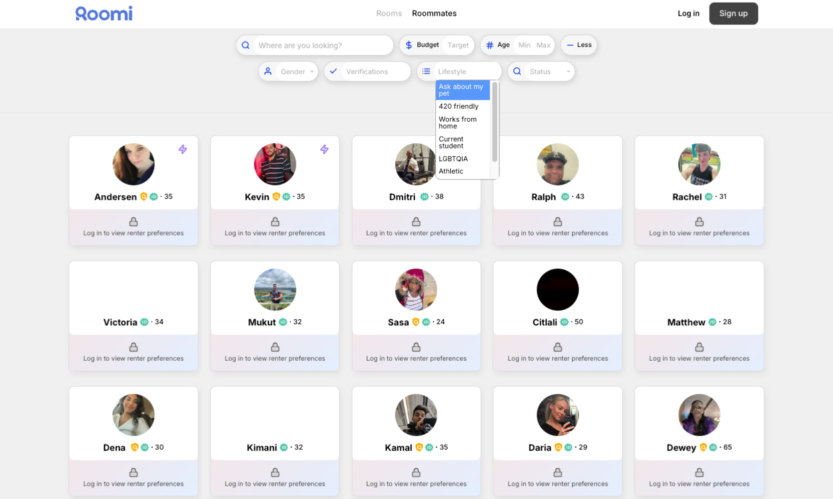 A screenshot of the Roomi website with its roommate finder, search filters, and profile images displayed