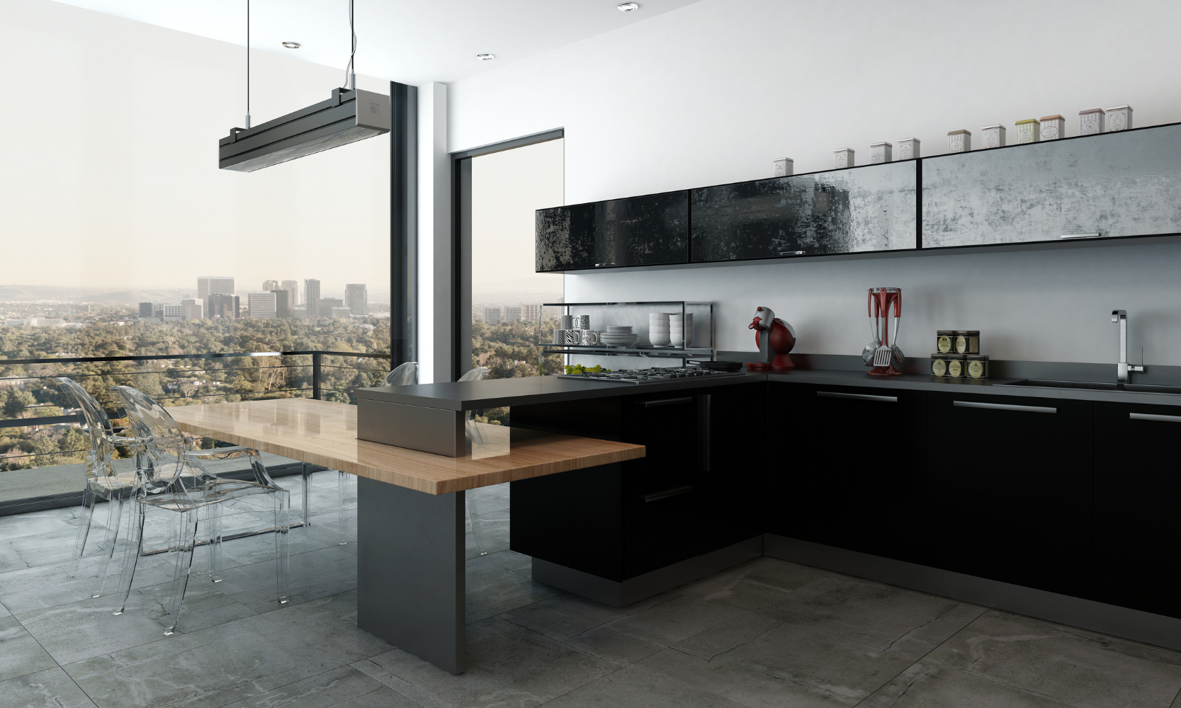 Interior image of a high-rise apartment building in a city with skyscraper and tree views