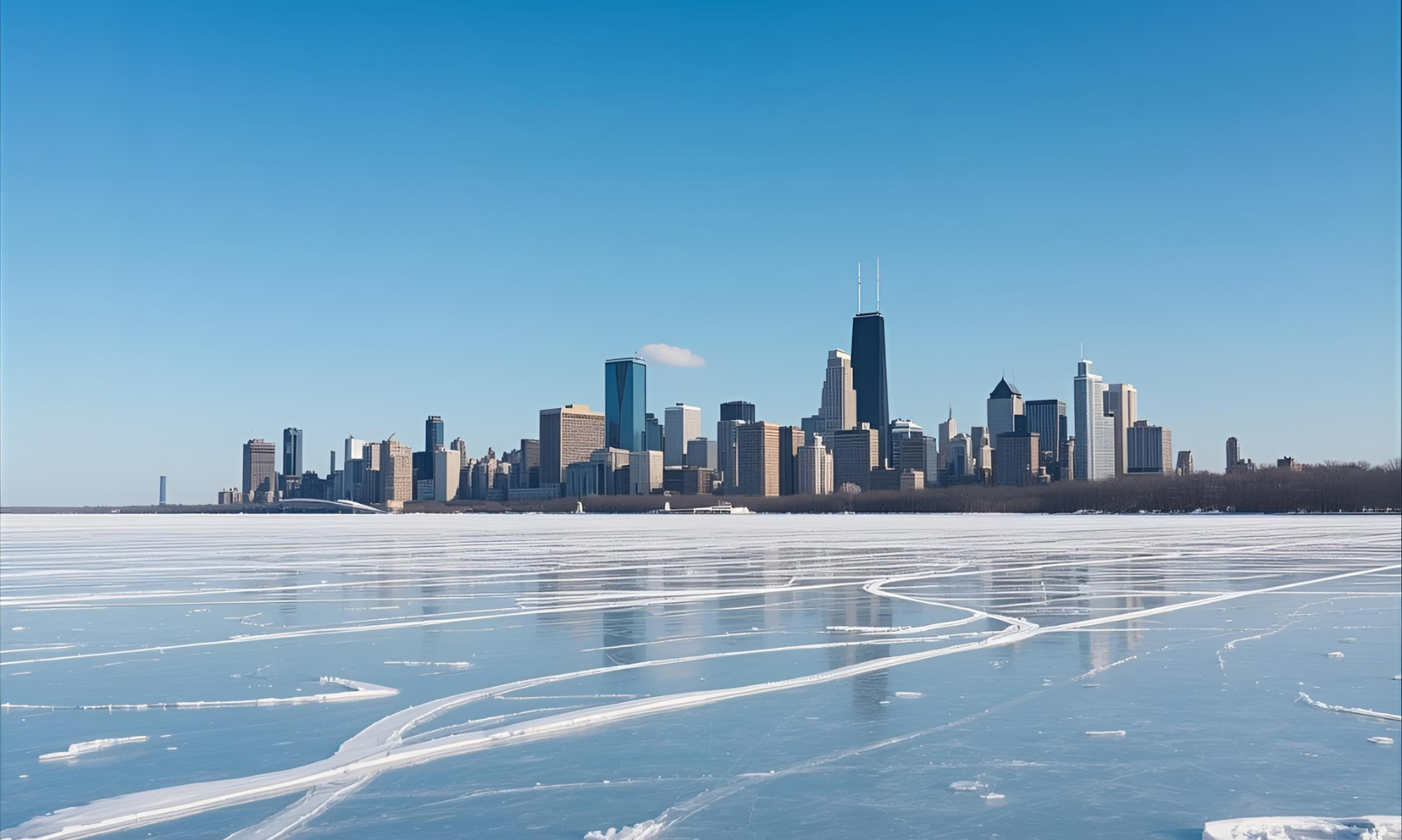 Image of the Chicago skyline from a frozen Lake Michigan during the day