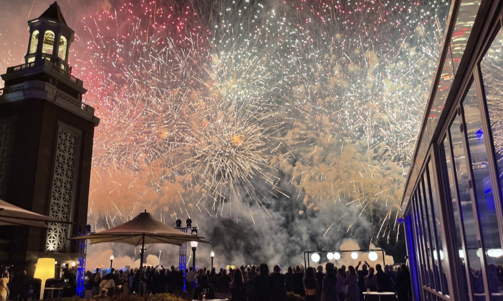 Image of Chicago New Year's fireworks with people watching from Offshore Roofop