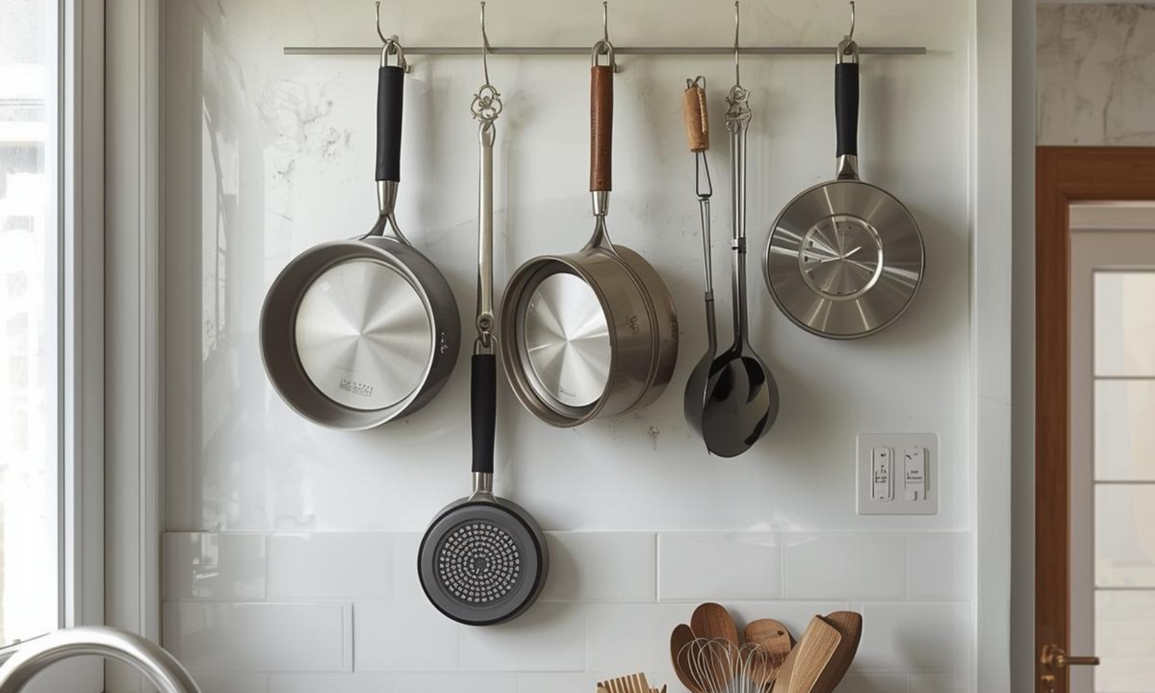 Image of wall-mounted hanging pots and cookware in a kitchen