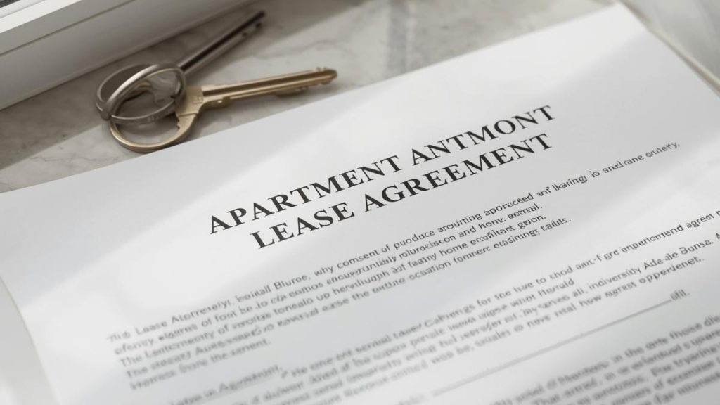 Closeup image of an apartment lease agreement with a set of keys