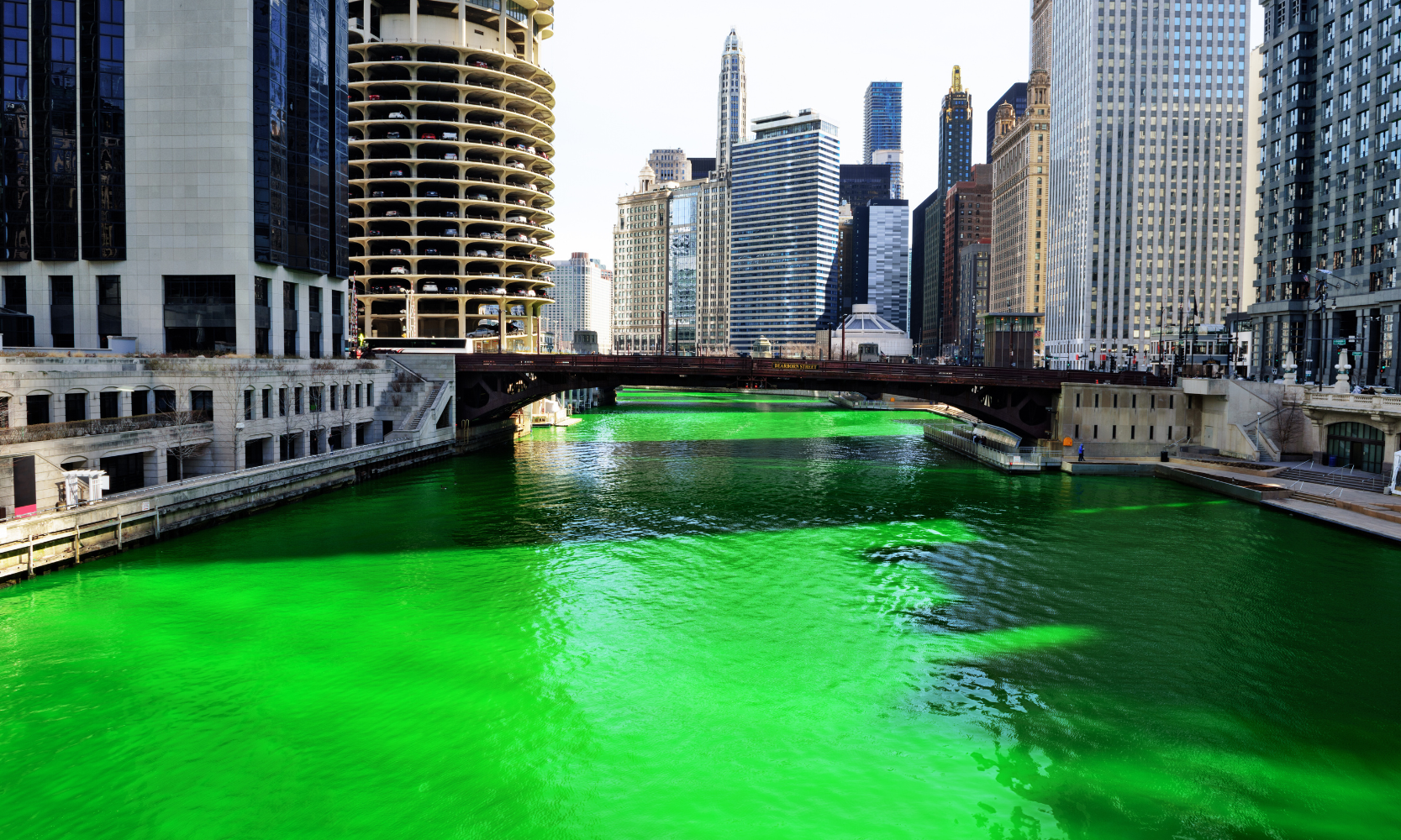 Image of the Chicago River green for St. Patrick's Day during the day
