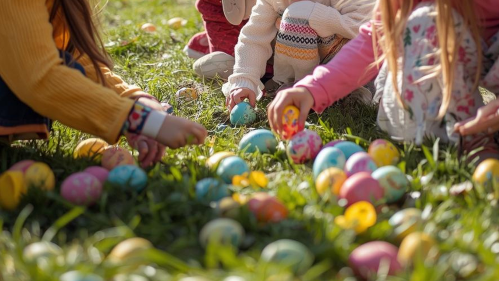 Closeup image of children's hands hunting for Easter eggs outside in the grass