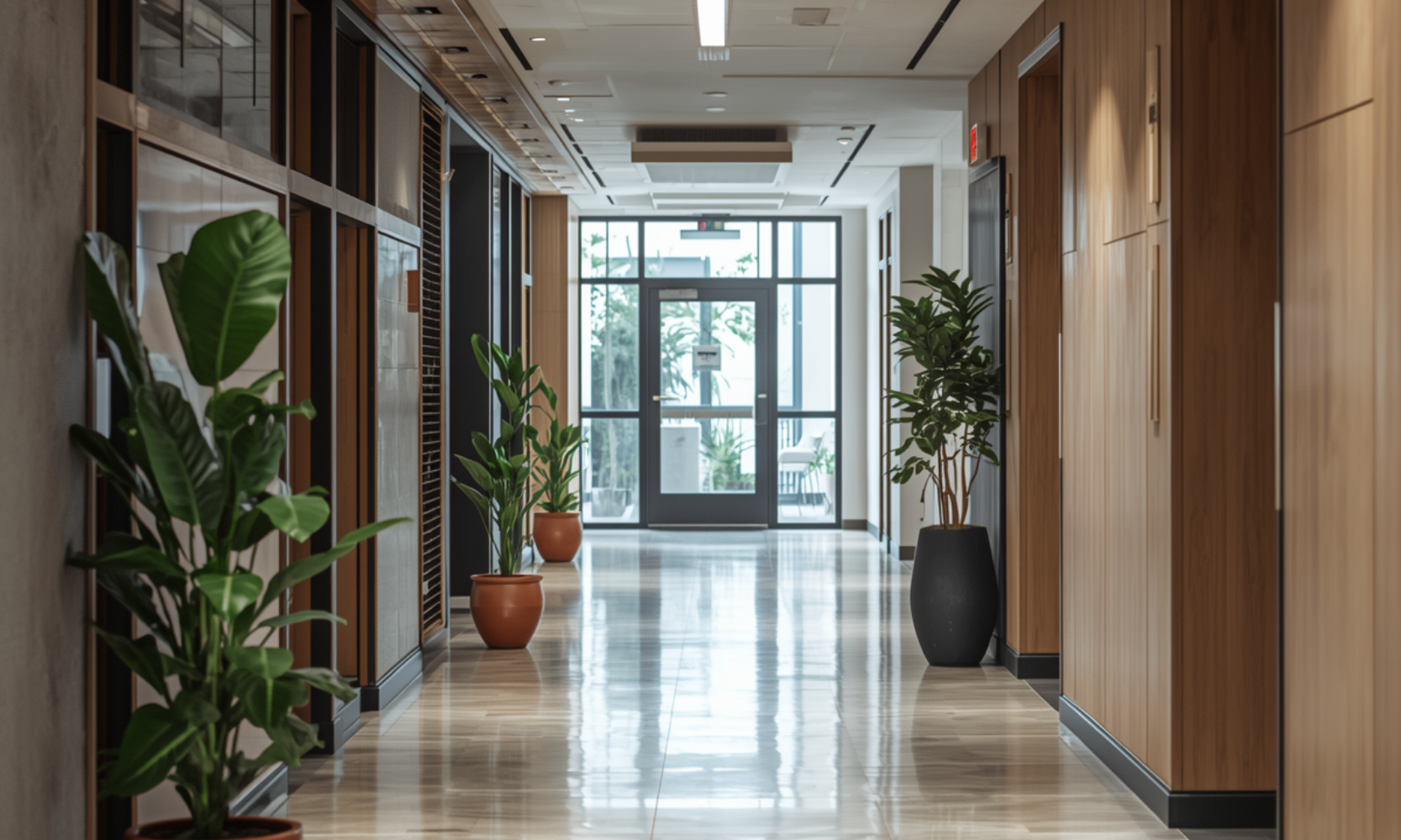 Interior image of an apartment building hallway with plants and a glass door