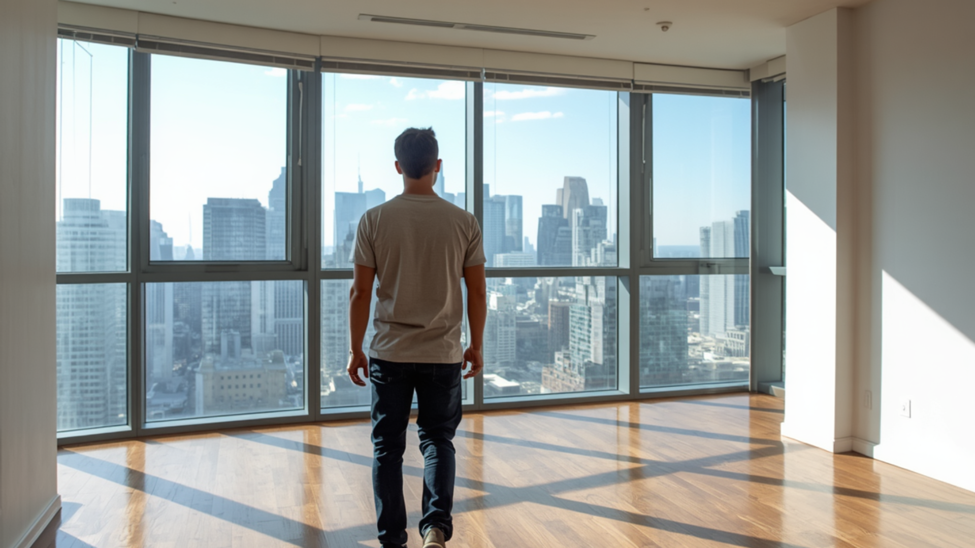 Rear-view image of a person touring an apartment in Chicago with window skyline views