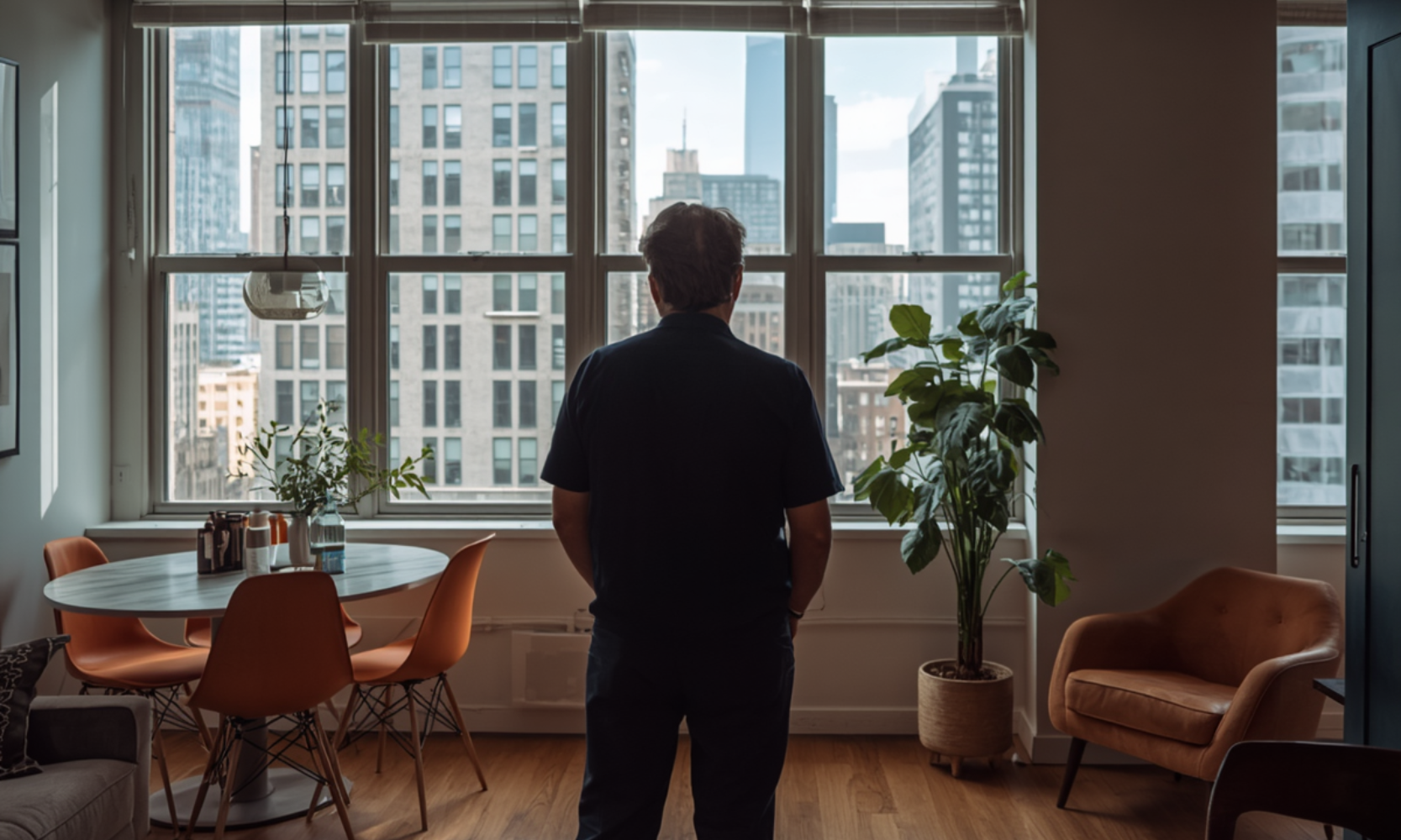 Rear-view image of a person looking at the window views of Chicago buildings inside an apartments