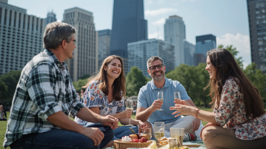Image of a group of people having a picnic with mimosas at a park outside in Chicago