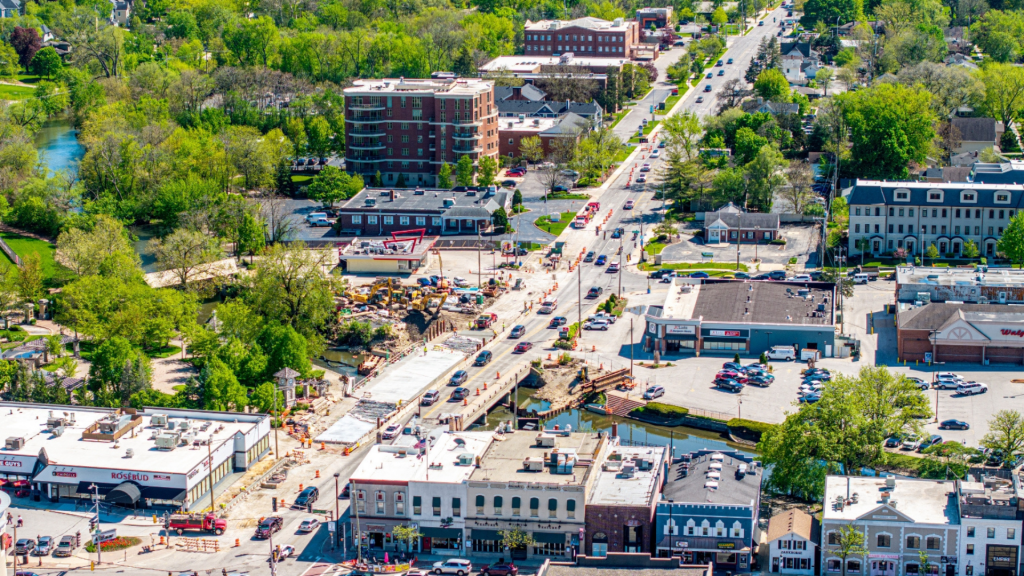 Aerial view image of the downtown Naperville area in Illinois during the day