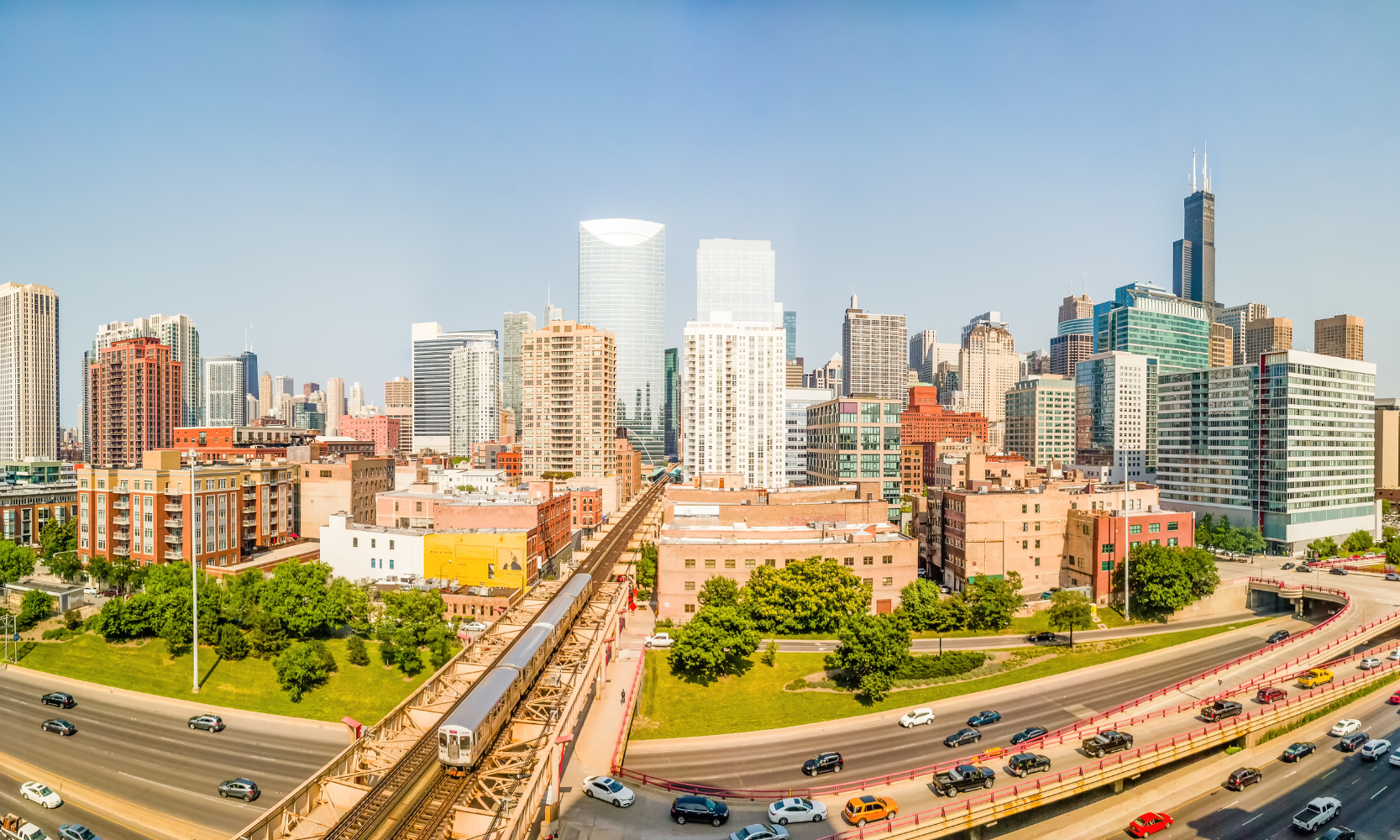Panoramic image of the West Loop neighborhood in Chicago during the day